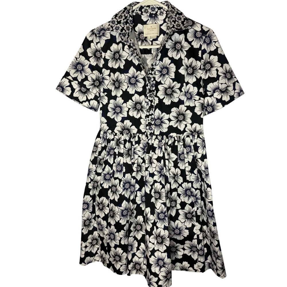 Kate Spade Floral Shirt Dress Size Zero Preppy Black White Anemone Pockets Retro